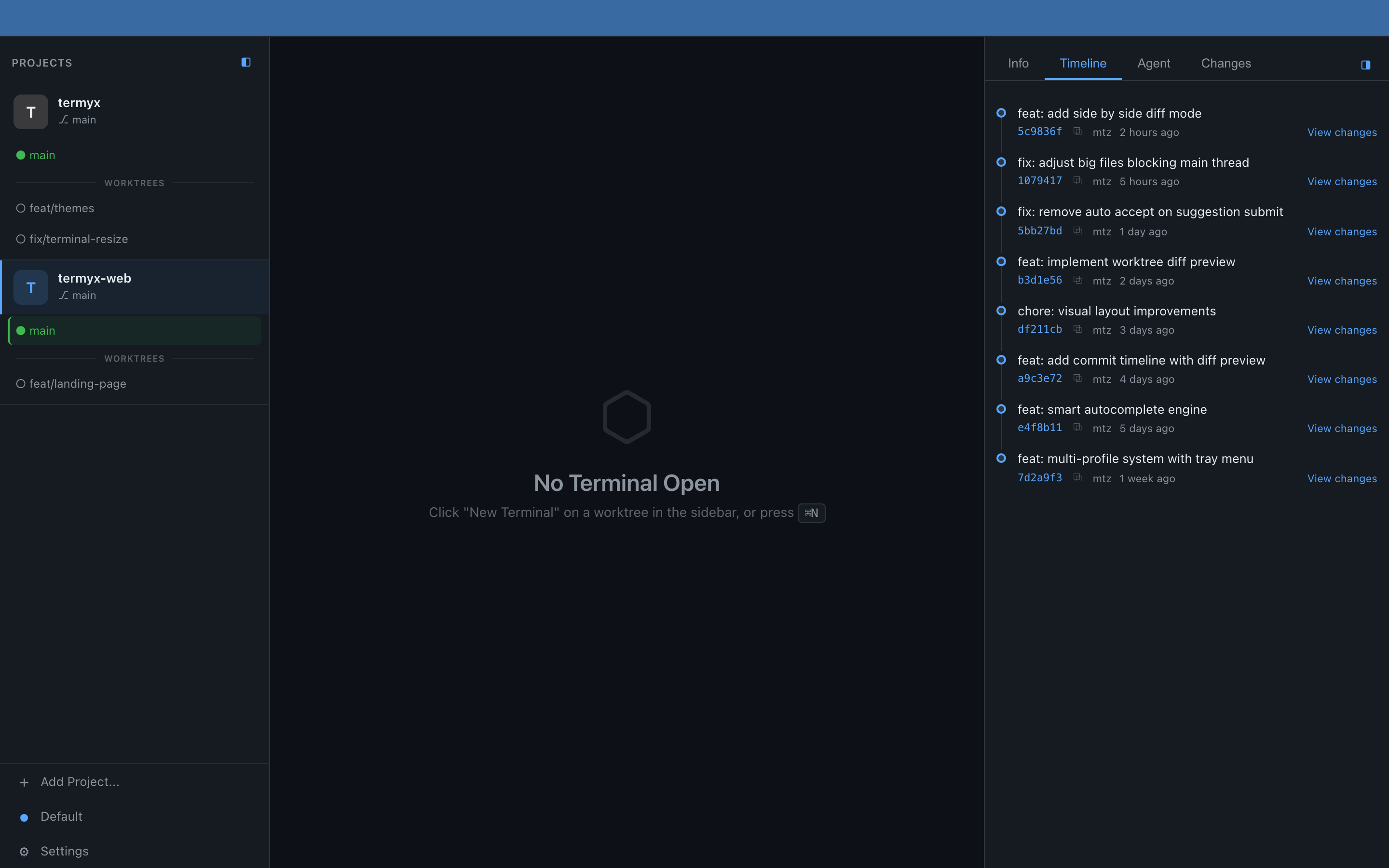 Commit timeline with hashes and authors