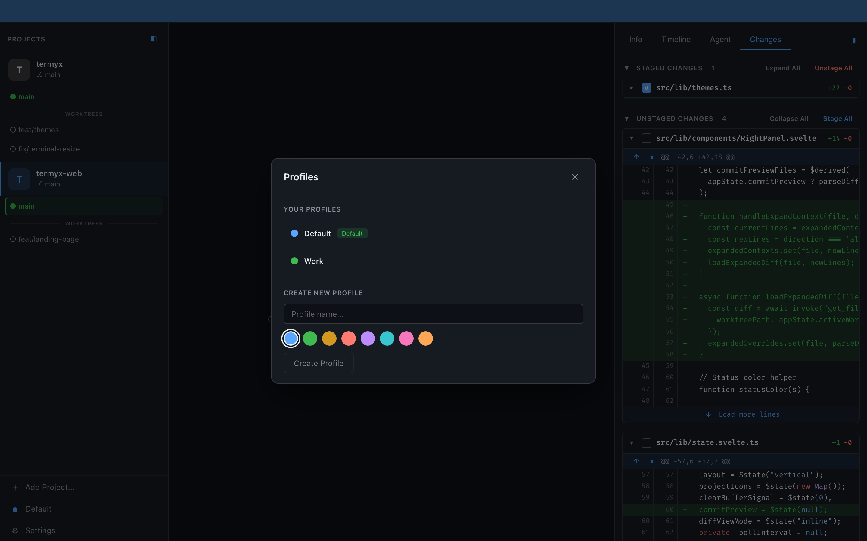 Profile manager with color-coded workspaces